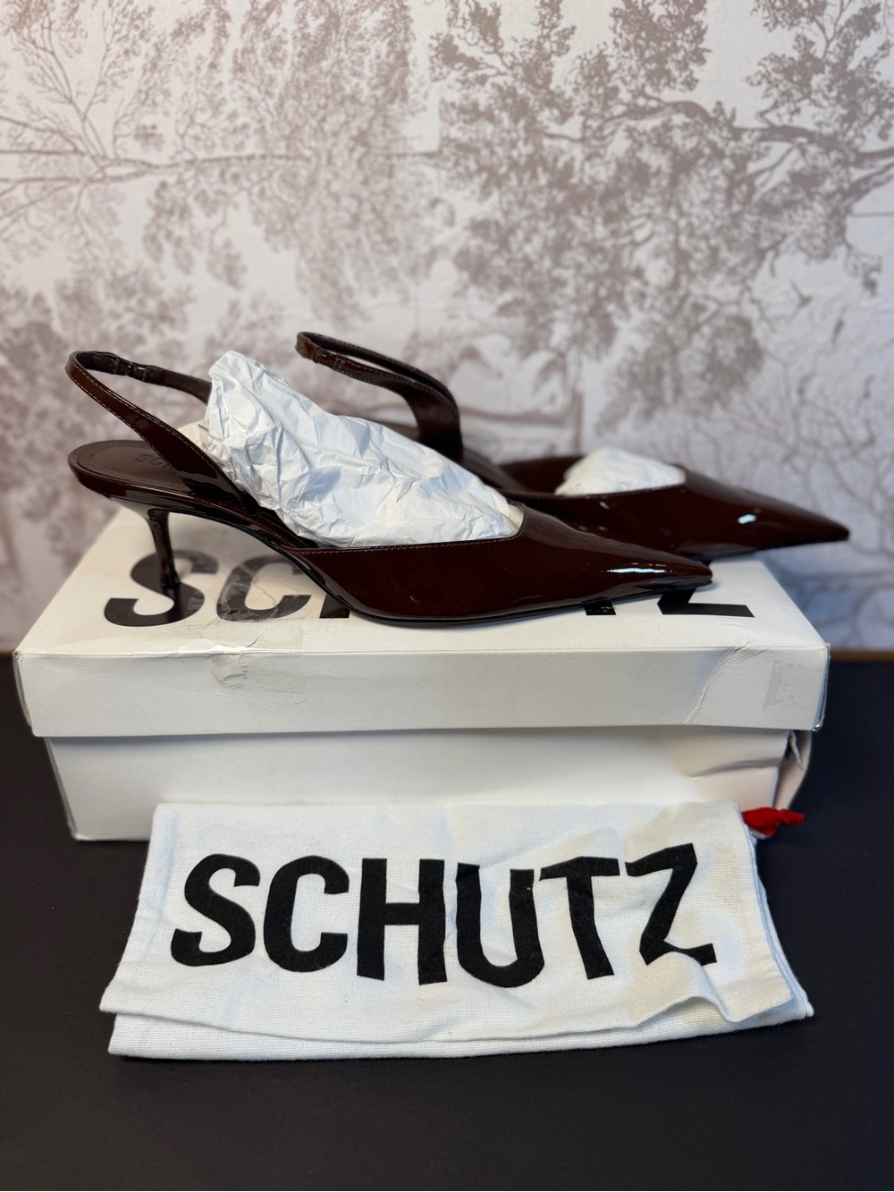 Schutz Paola Mid Pump in Root Brown shiny leather slingback pointed kitten heel - Picture 2 of 7